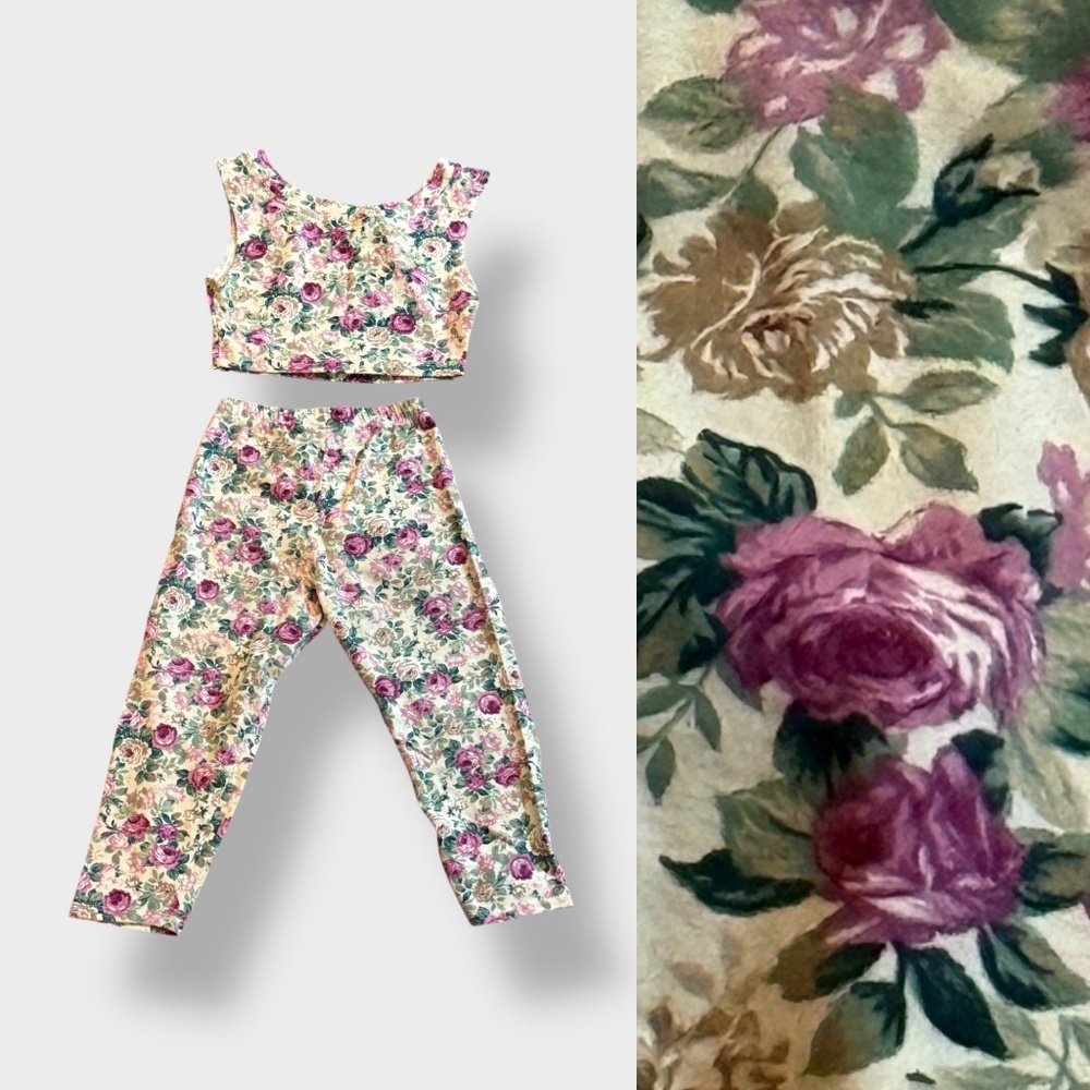 90s LA Movers 2pcs. Cropped Top Leggins Colorful Roses Aerobics Gym Workout SML
